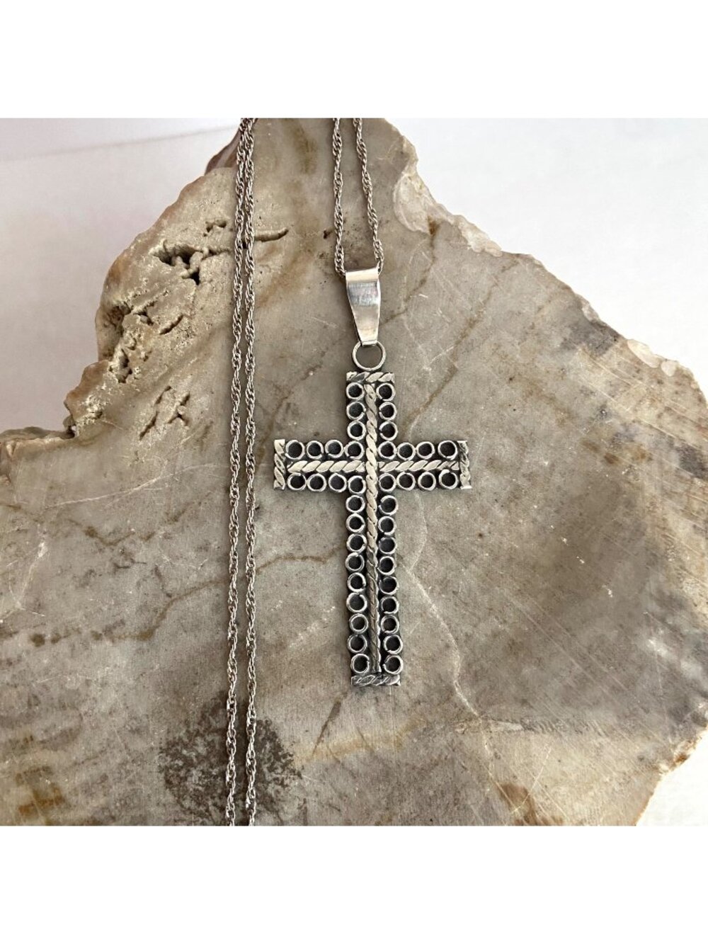 VTG Taxco Mexico Sterling Silver 925 Oxidized Cross Pendant Necklace 20" Chain